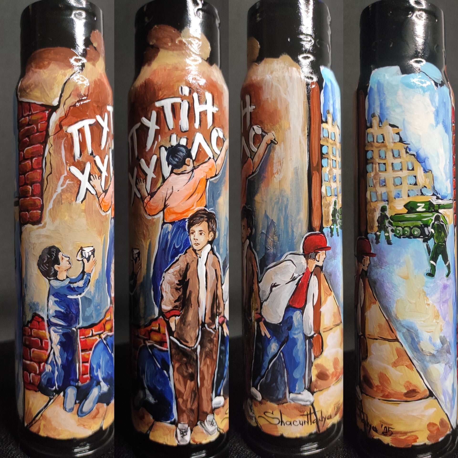 Ukrainian children painting "Putin Huilo" on 30mm shell in occupied territory