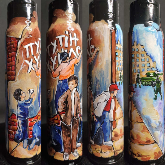 Ukrainian children painting "Putin Huilo" on 30mm shell in occupied territory