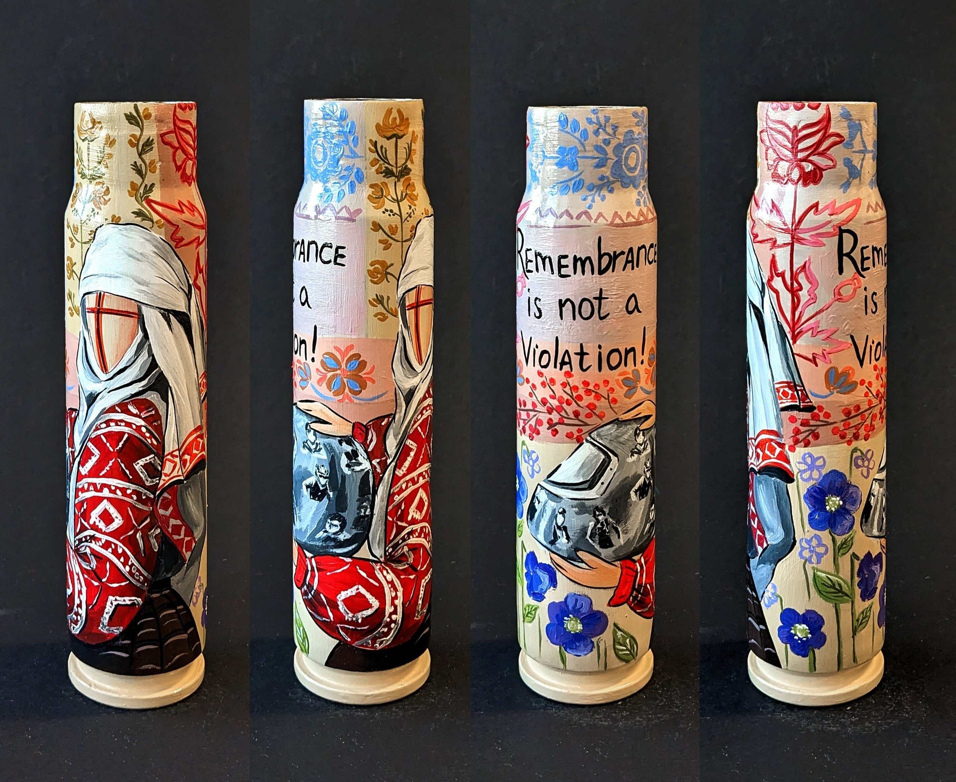 30mm shell painted with "Remembrance is not a Violation" by Ukrainian artist Catherine Ruban