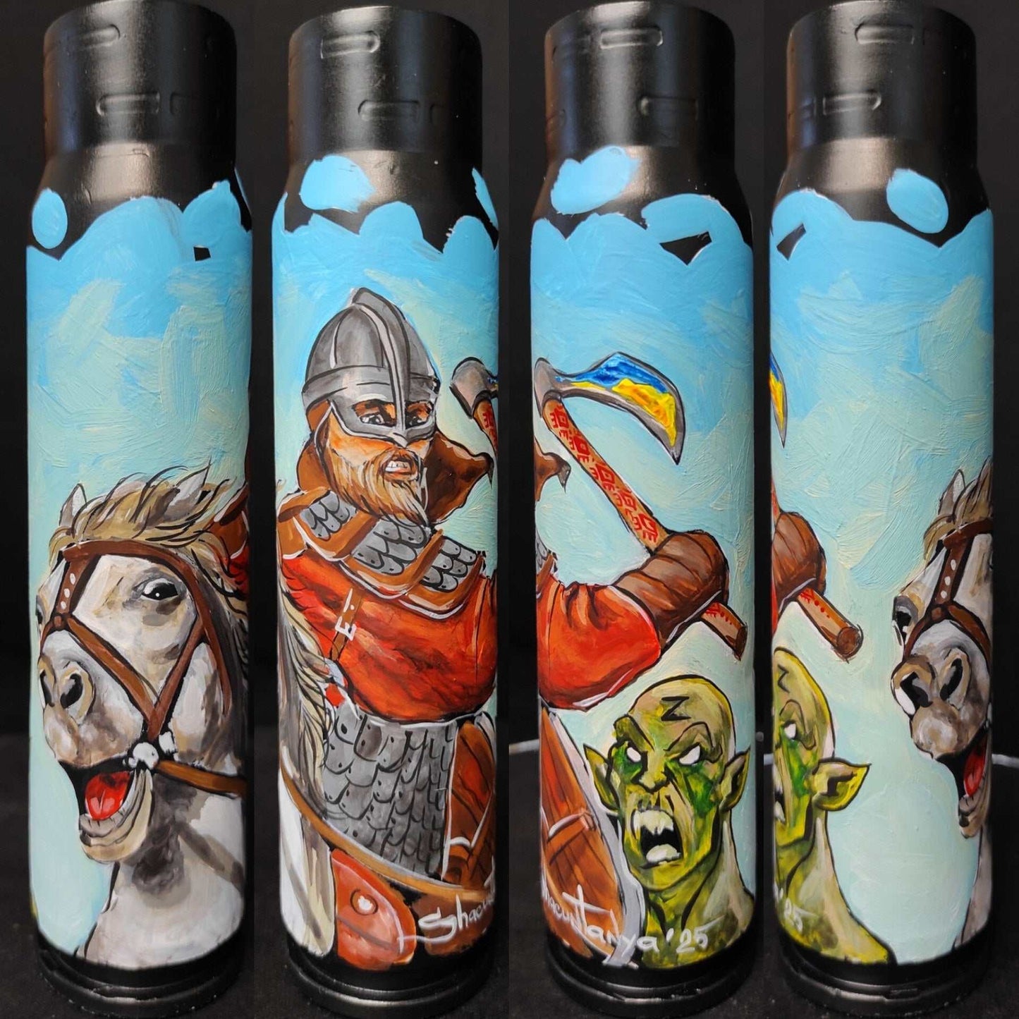 Miniature Riders of Rohan and ork painted on 30mm shell by Tanya Shacun