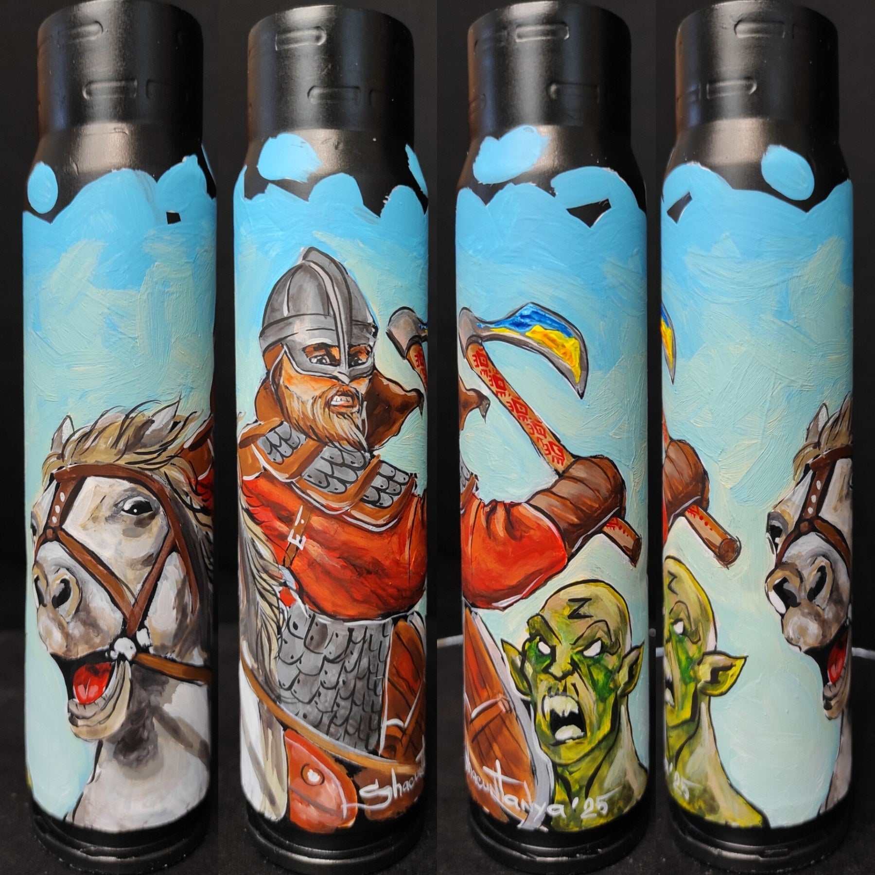 Miniature Riders of Rohan and ork painted on 30mm shell by Tanya Shacun