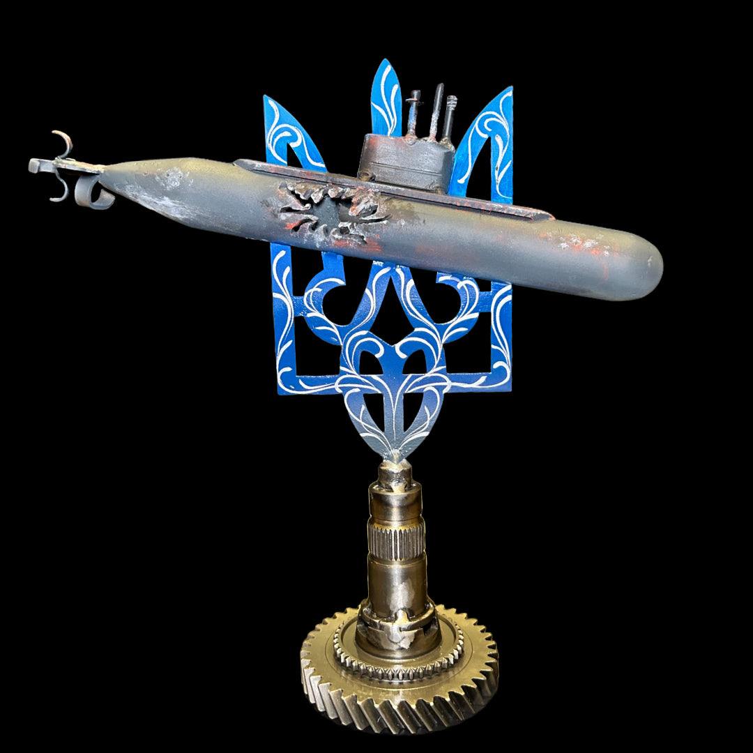 Roston-on-Don Submarine sculpture impaled on Tryzub with dimensions 31.5x3x30cm