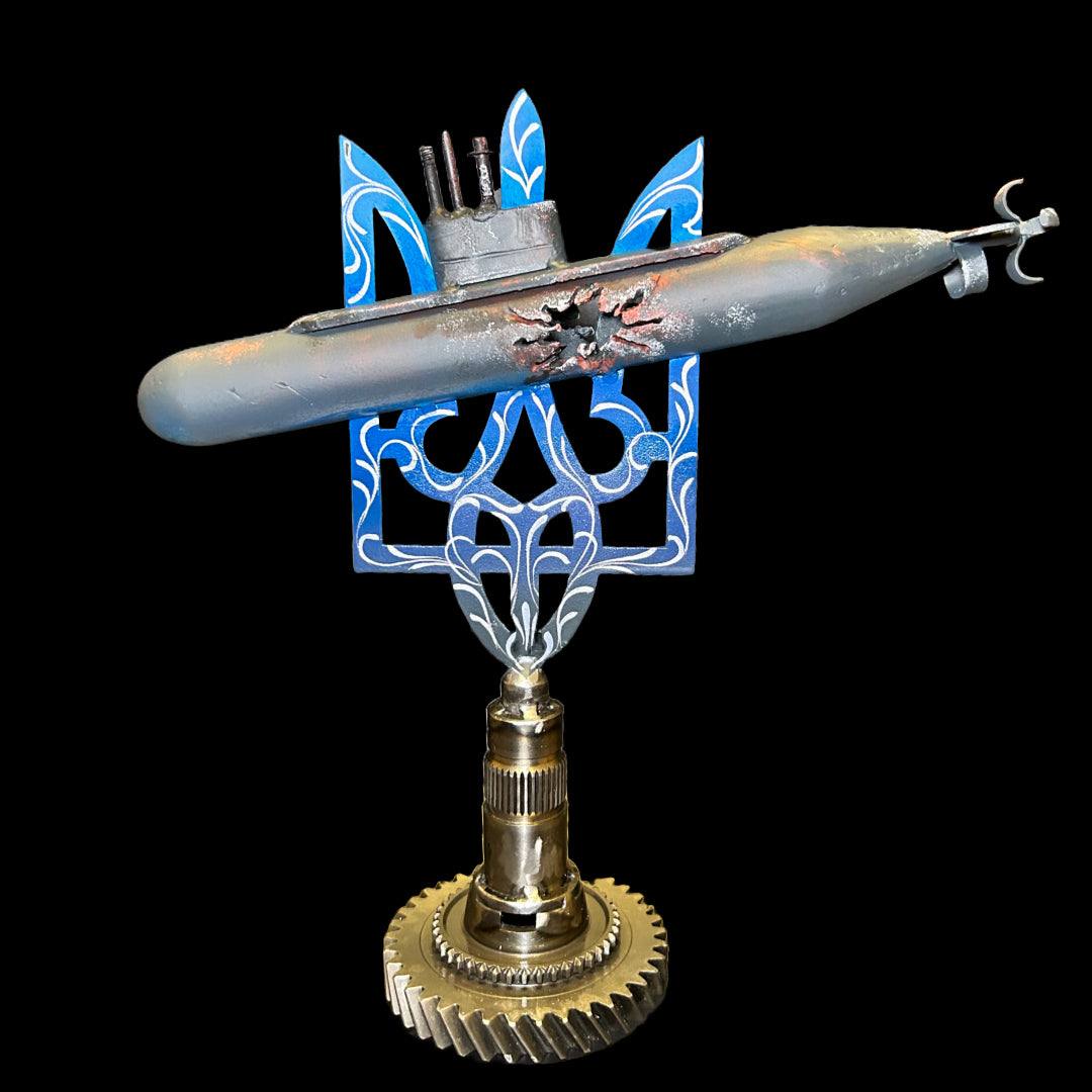 Roston-on-Don Submarine sculpture impaled on Tryzub symbol, 31.5x3x30cm artwork by Hisoshi Art Studio and Anastasia Leonova