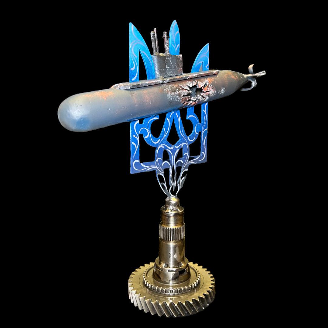 Roston-on-Don Submarine sculpture impaled on Tryzub symbol by Hisoshi Art Studio