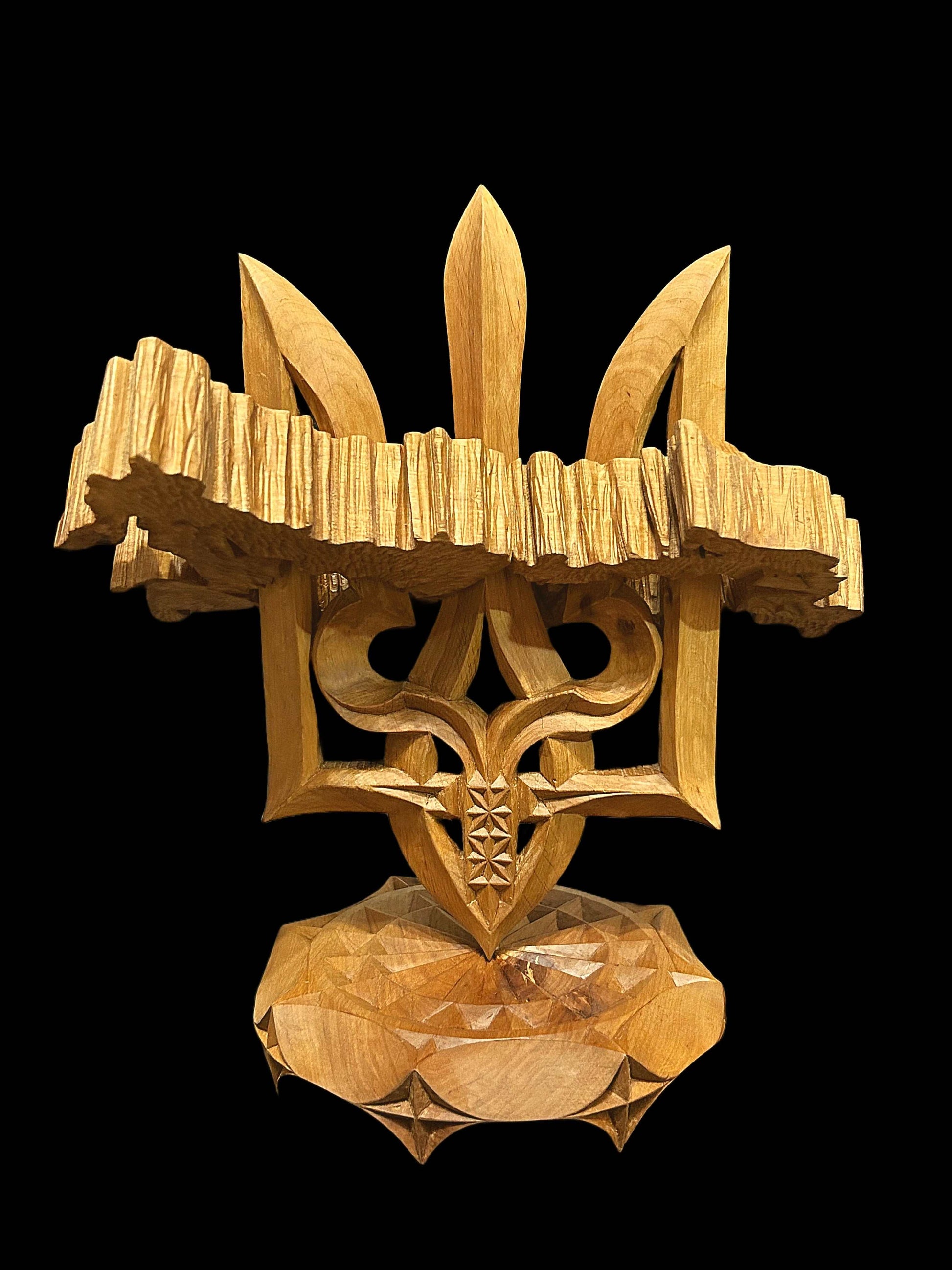 Handmade wooden sculpture of Russia impaled on Tryzub by Vitalii Trokhymenko, 30x35 cm