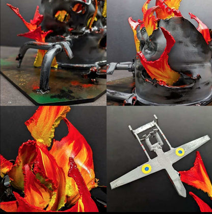 Russian fuel storage container model struck by Ukraine, artwork by Hisoshi Art Studio and Catherine Ruban