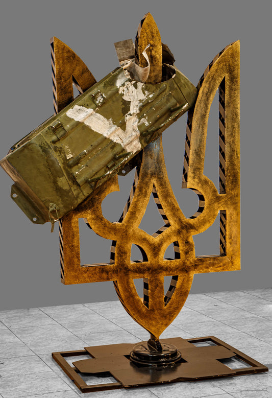 Destroyed Russian Kamaz truck piece impaled on large Tryzub sculpture by Hisoshi Art Studio