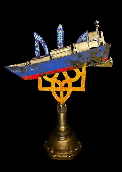 Russian oil tanker model impaled on 36cm Tryzub sculpture by Hisoshi Art Studio and painted by Anastasiya Leonova