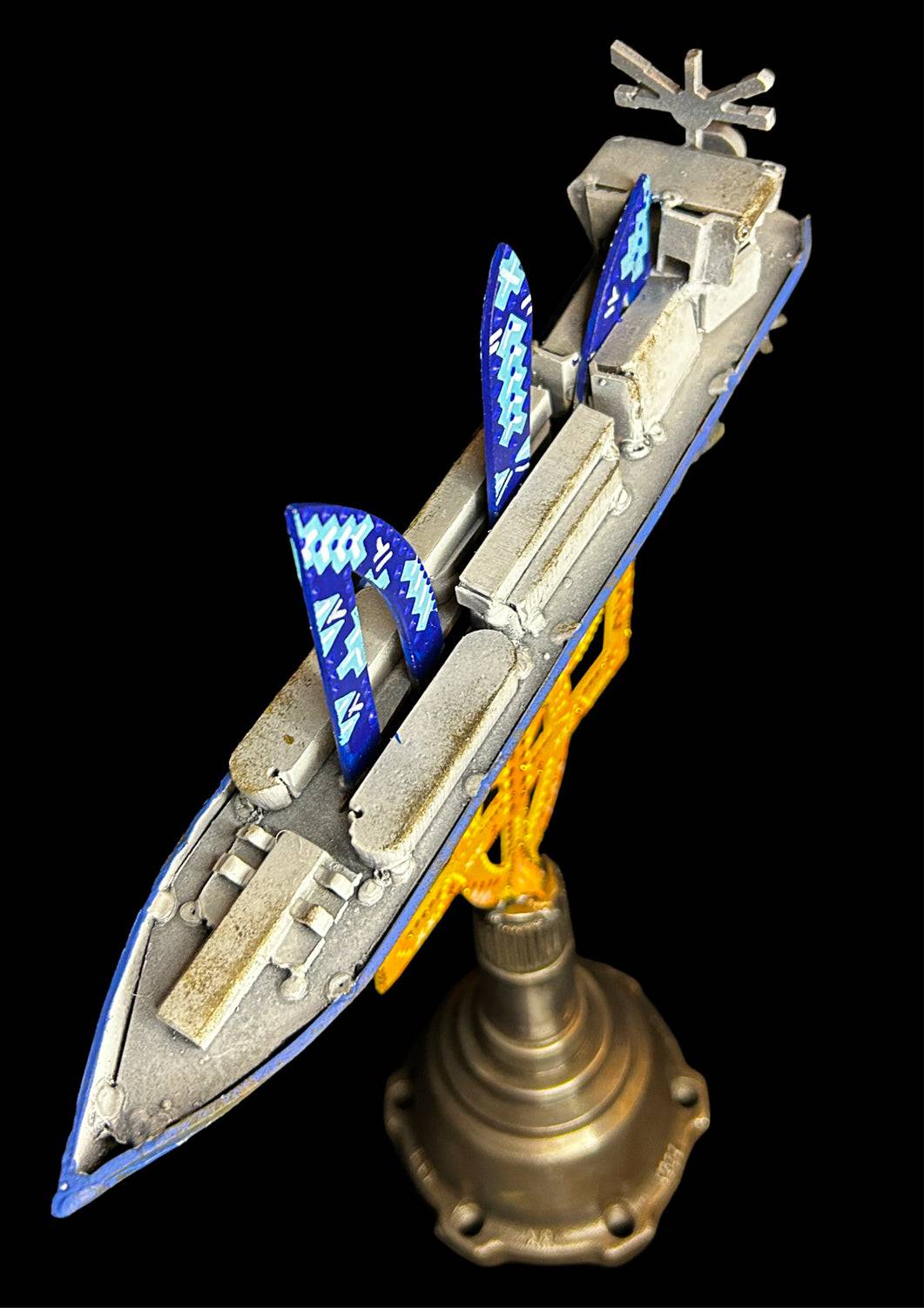 Russian oil tanker model impaled on 36cm Tryzub sculpture by Hisoshi Art Studio and Anastasiya Leonova