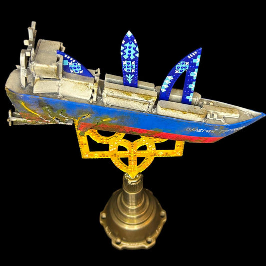 Russian oil tanker impaled on 36cm tall Tryzub sculpture by Hisoshi Art Studio and painted by Anastasiya Leonova