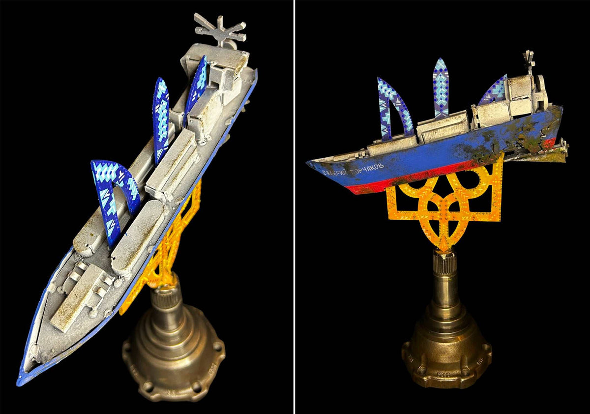 Russian oil tanker model impaled on 36cm Tryzub sculpture by Hisoshi Art Studio, painted by Anastasiya Leonova