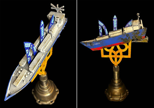 Russian oil tanker model impaled on 36cm Tryzub sculpture by Hisoshi Art Studio, painted by Anastasiya Leonova