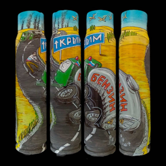 30mm exploded shell artwork by Ukrainian artist Tanya Leonova with Russian orchestra singing theme