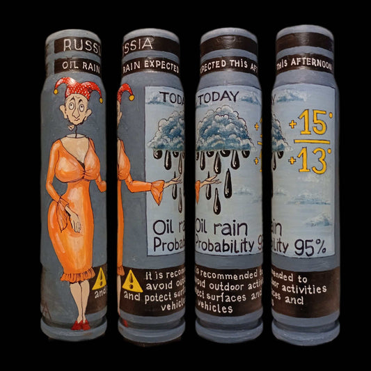 30mm painted exploded shell by Tanya Leonova titled Russia's weather forecast with Russian orchestra singing theme