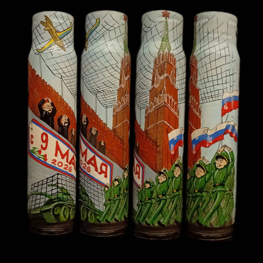 30mm exploded shell artwork by Tanya Leonova featuring Russian orchestra singing, related to Ukraine patrolling Kremlin's May 9th parade