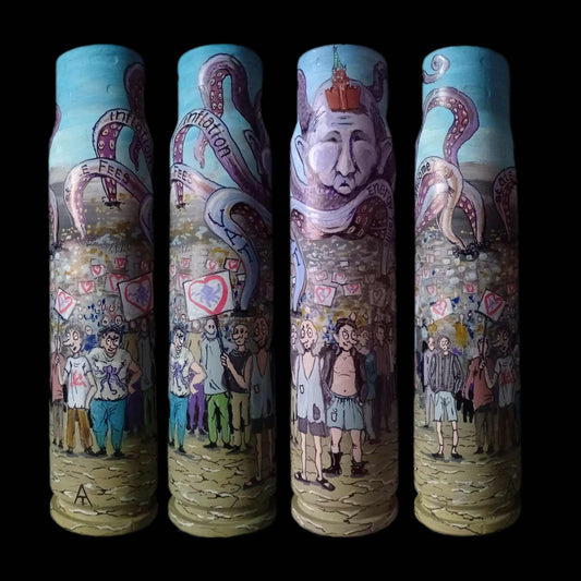 Ukrainian artwork showing Russian orchestra singing amid wartime devastation