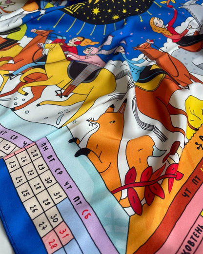 Scarf designed in Ukraine with horse-themed calendar and cosmic dial on soft Armani silk