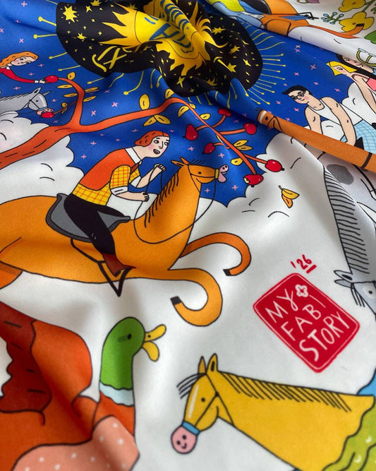 Square scarf designed in Ukraine featuring a horse-themed calendar illustration on soft Armani silk