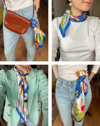 Elegant 70x70cm scarf designed in Ukraine featuring a horse-themed calendar with 12 months and cosmic dial on soft Armani silk