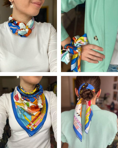 Scarf designed in Ukraine featuring a 70x70cm silk calendar with horse motifs and cosmic dial details