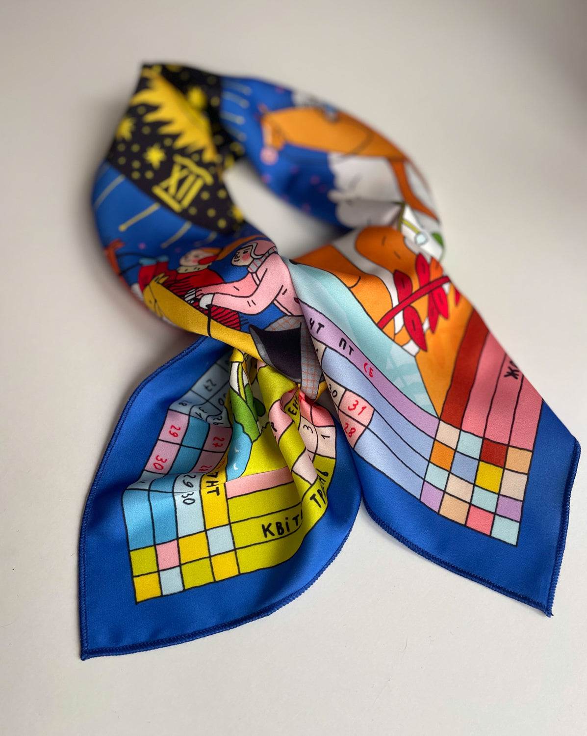 Scarf designed in Ukraine featuring a horse-themed calendar on soft Armani silk, 70x70 cm