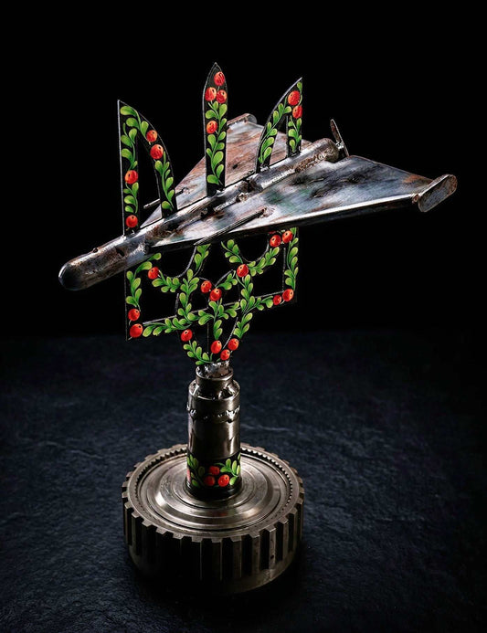 Shahed drone sculpture impaled on Tryzub artwork by Hisoshi Art Studio and Catherine Ruban