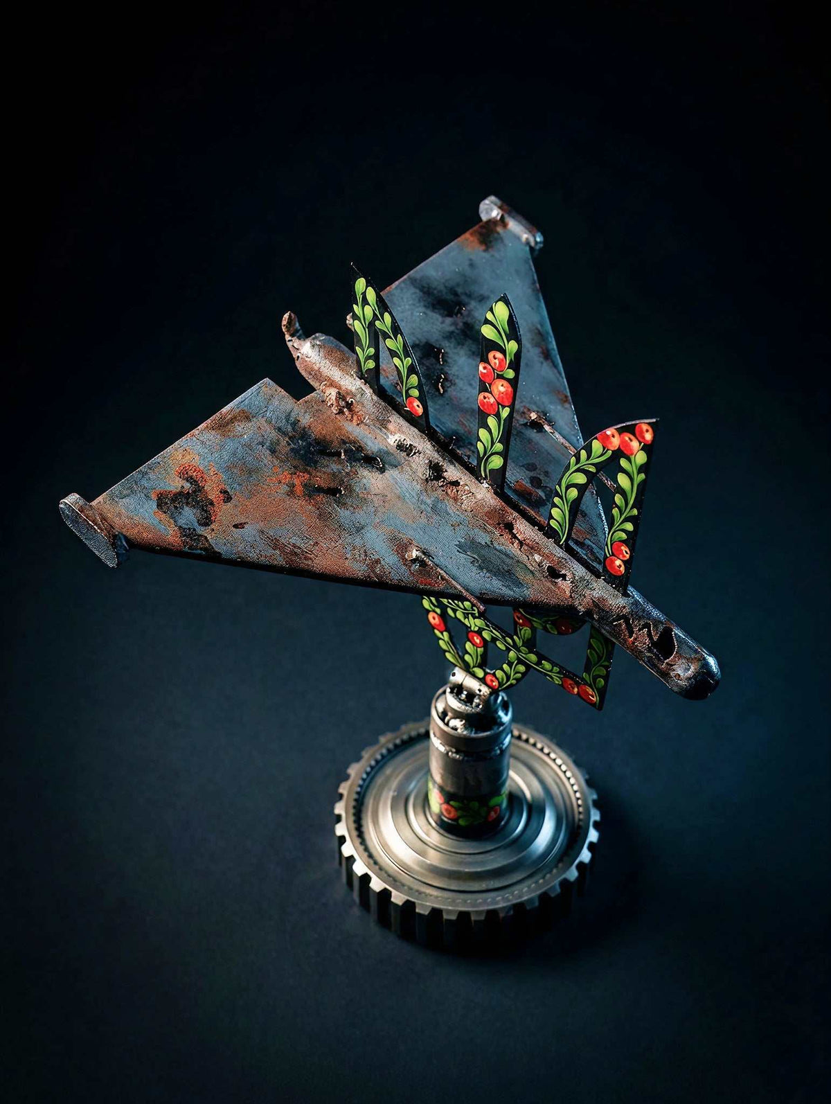 Shahed drone impaled on Tryzub sculpture by Hisoshi Art Studio and Catherine Ruban