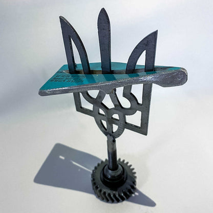 Small Tryzub 14cm with engraved piece of downed Russian Su-34 fighter-bomber on Ukrainian Coat of Arms pedestal