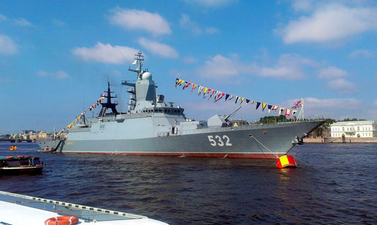Steregushchy-class corvette Boikiy impaled on Tryzub symbol digital artwork by Hisoshi Art Studio and Anastasiya Leonova