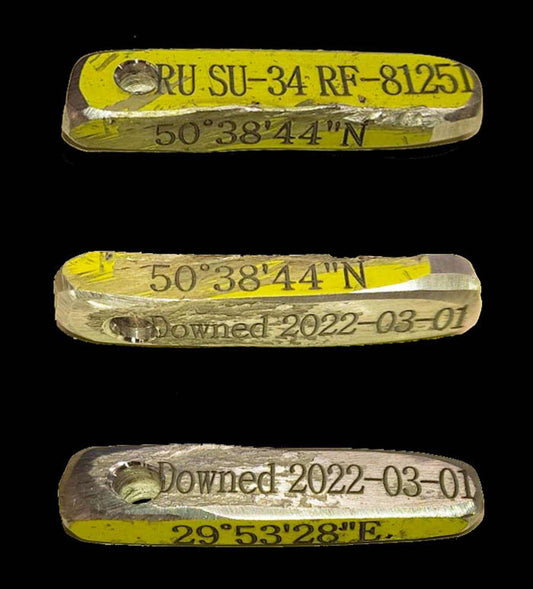 Detailed SU-34 RF-81251 keychain engraved with crash coordinates and aircraft details, approximately 4cm long