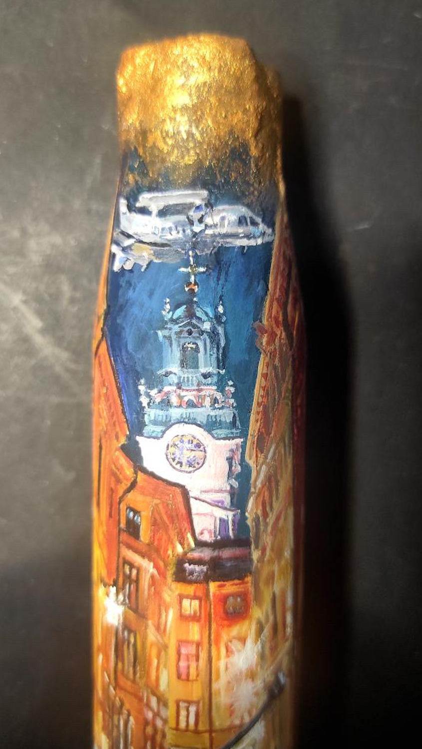 30mm shell painted with Gamla stan drawing by Inna Zubok, artistic war-time craft from Sweden