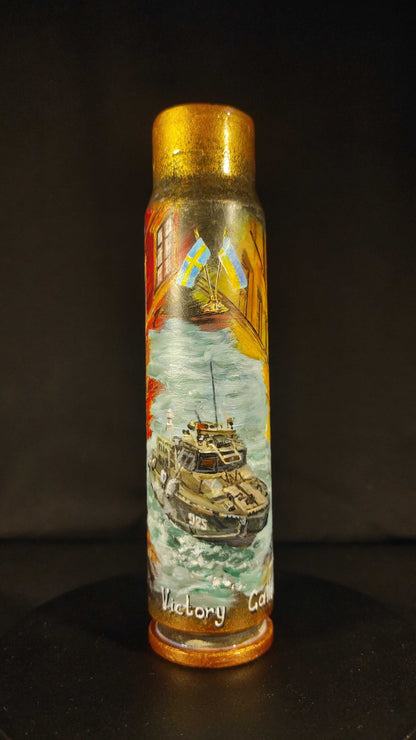 30mm shell painted with Gamla stan artwork by Inna Zubok titled Thank you Sweden