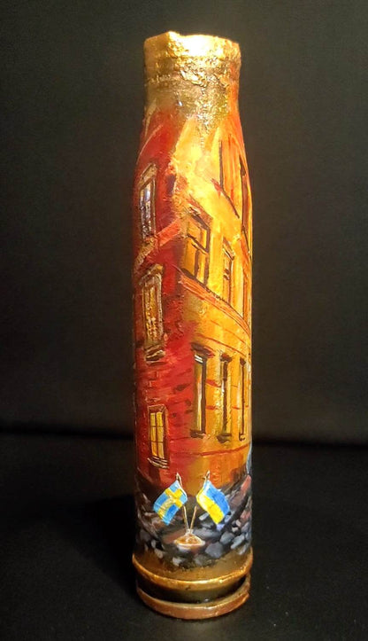30mm shell with Gamla stan drawing by Inna Zubok titled Thank you Sweden