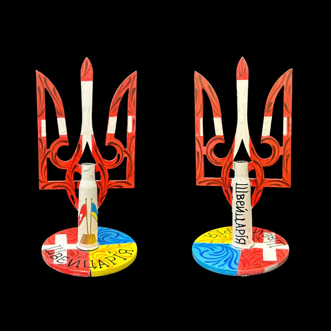 Tryzub emblem painted with Switzerland Swiss flag and bullet cartridge by artist Anastasia Leonova