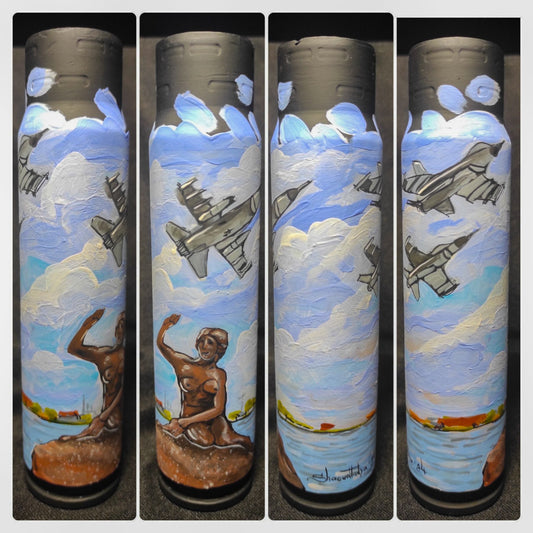 Thank you Denmark painted on 30mm shell featuring The Little Mermaid and F-16 aircraft artwork by Tanya Shacun