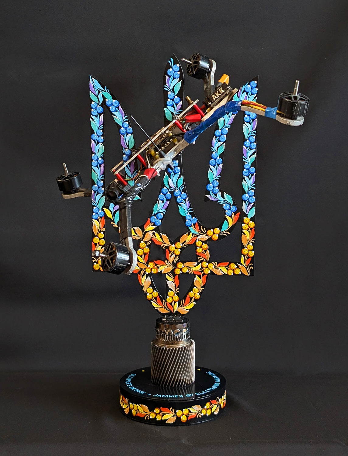 Downed russian drone impaled on Tryzub.