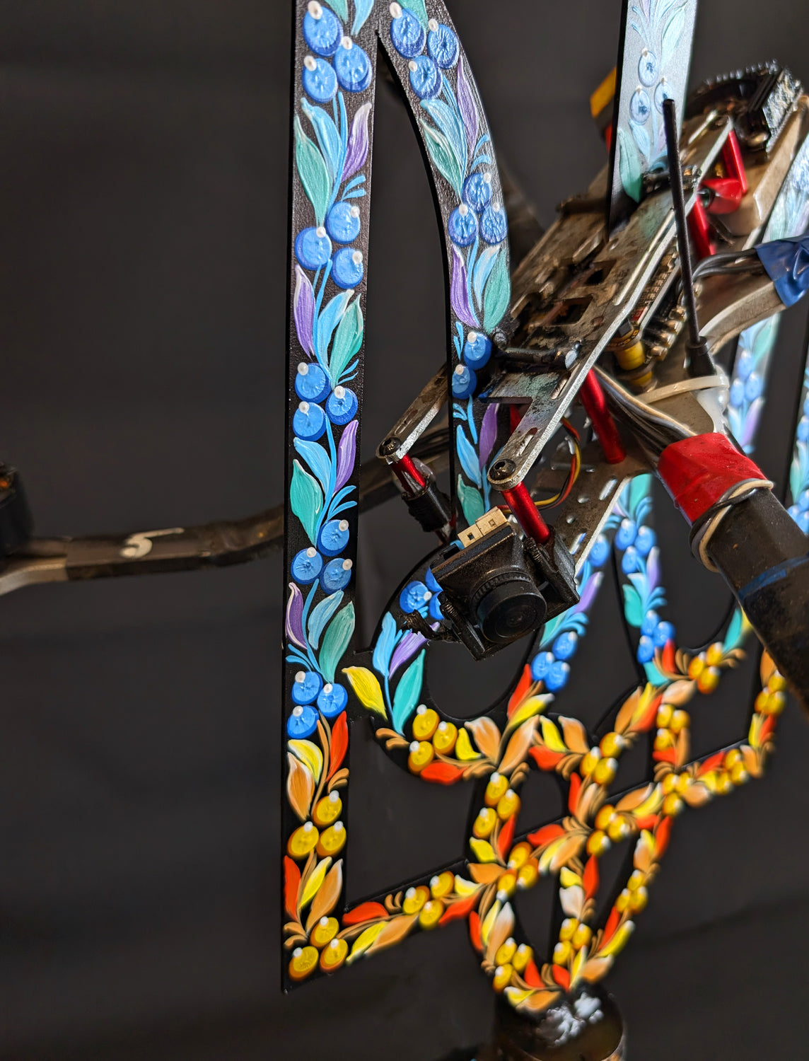 Downed russian drone impaled on Tryzub.