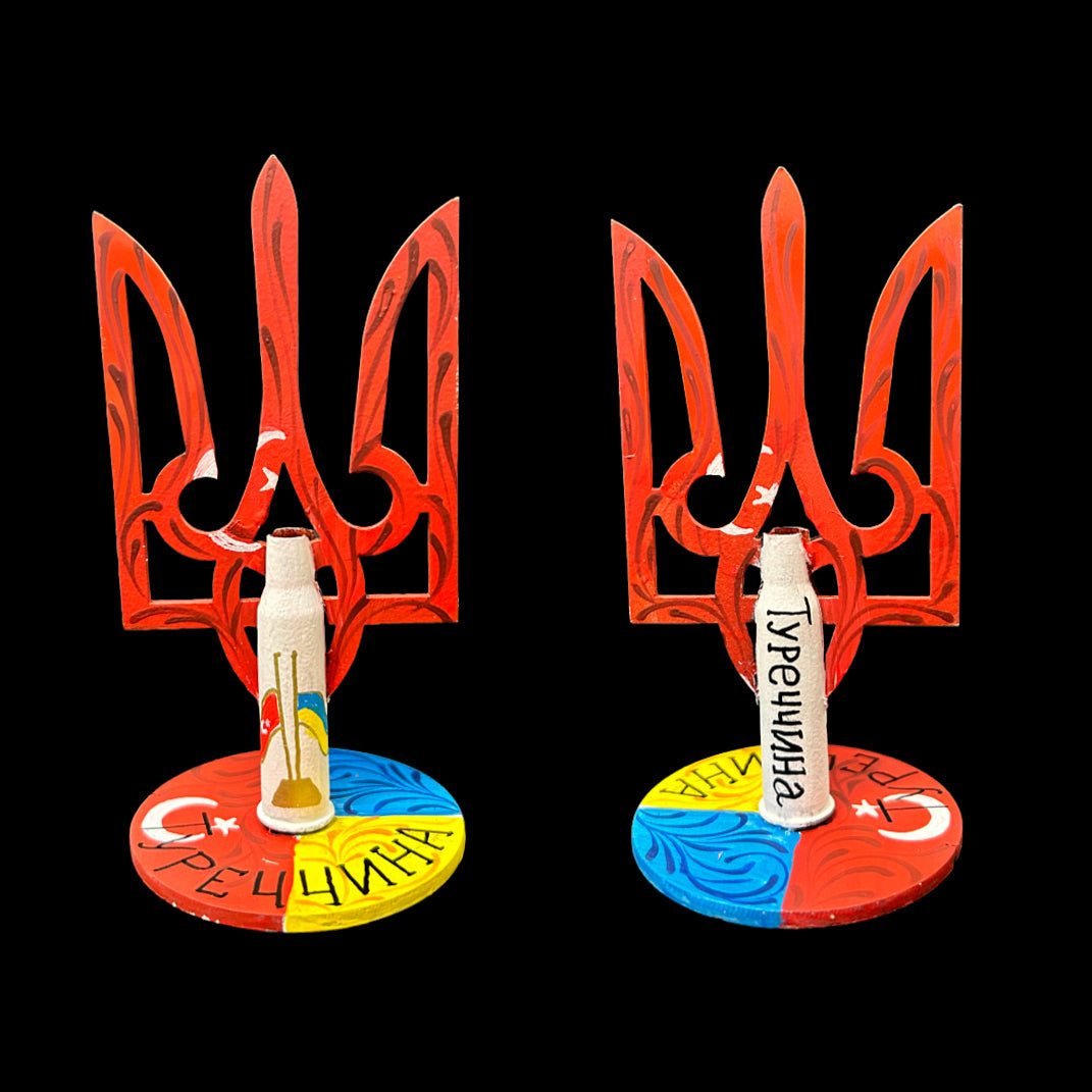 Tryzub emblem painted with Turkish flag colors and bullet cartridge, 13.5x6.5cm artwork by Anastasia Leonova