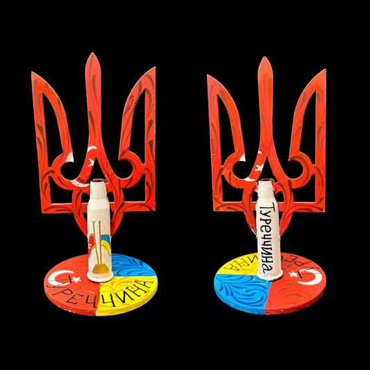 Tryzub emblem painted with Turkish flag colors and bullet cartridge, 13.5x6.5cm artwork by Anastasia Leonova
