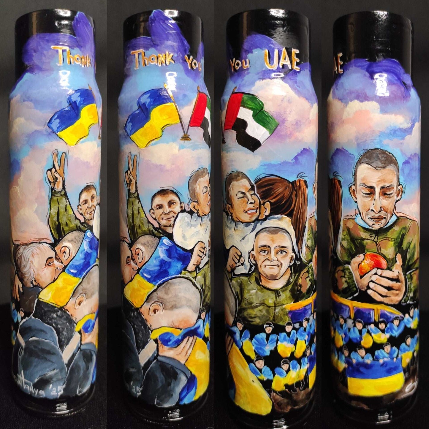 Artwork of POW exchange on a 30mm shell by Tanya Shacun thanking UAE