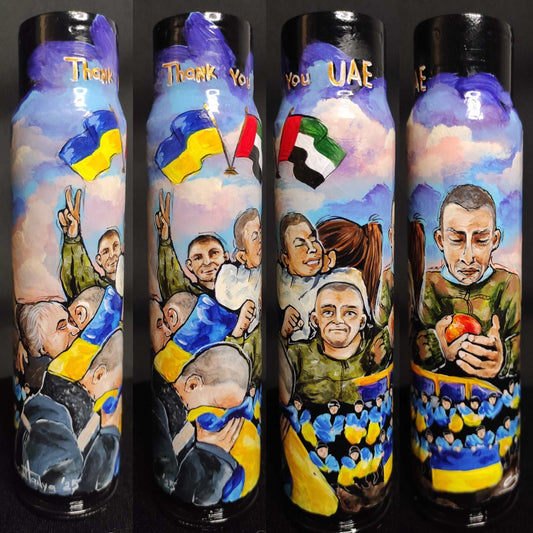 Artwork of POW exchange on a 30mm shell by Tanya Shacun thanking UAE