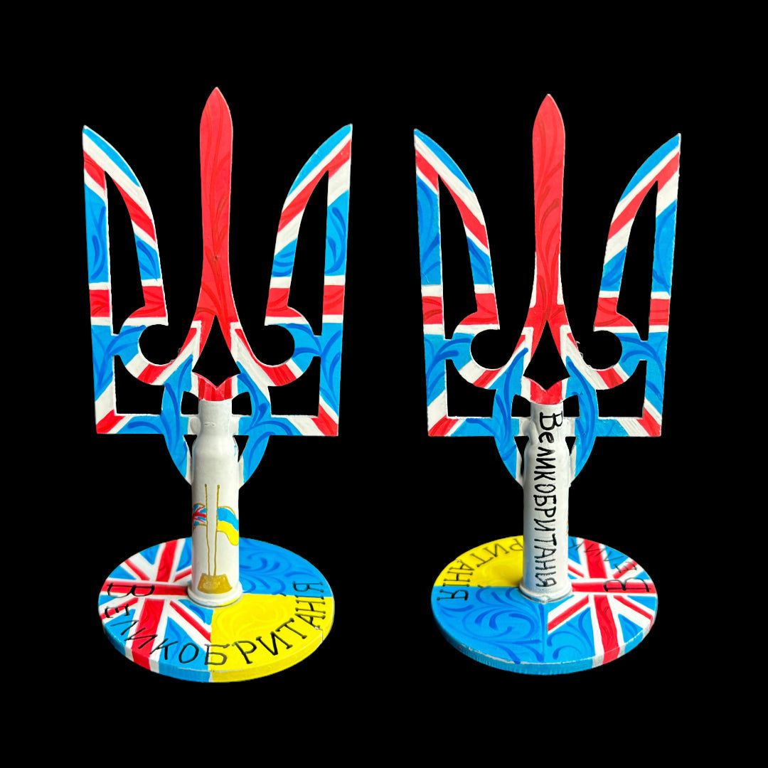 UK flag painted on Tryzub with bullet cartridge by Anastasia Leonova, 13.5x6.5cm