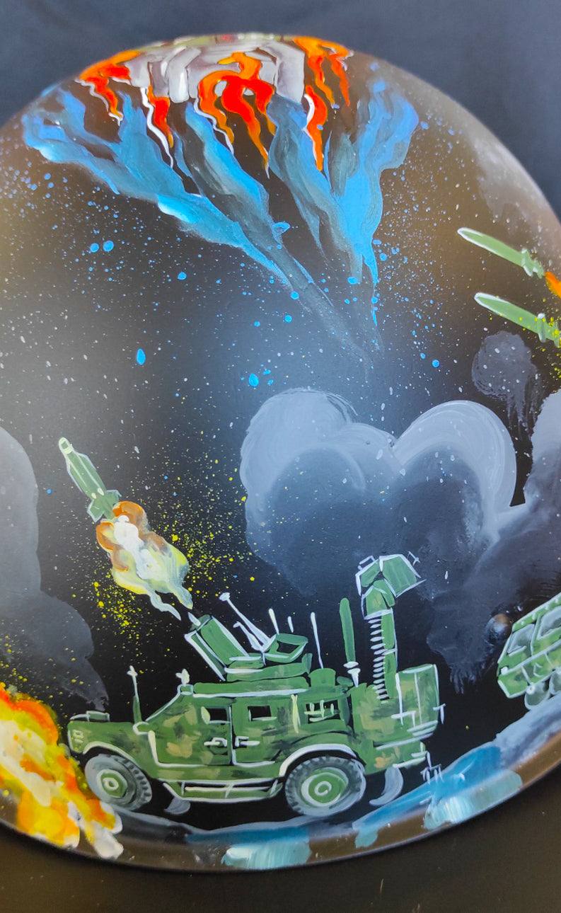Ukrainian Anti-Air defense systems artwork on ork's helmet by Tanya Shacun