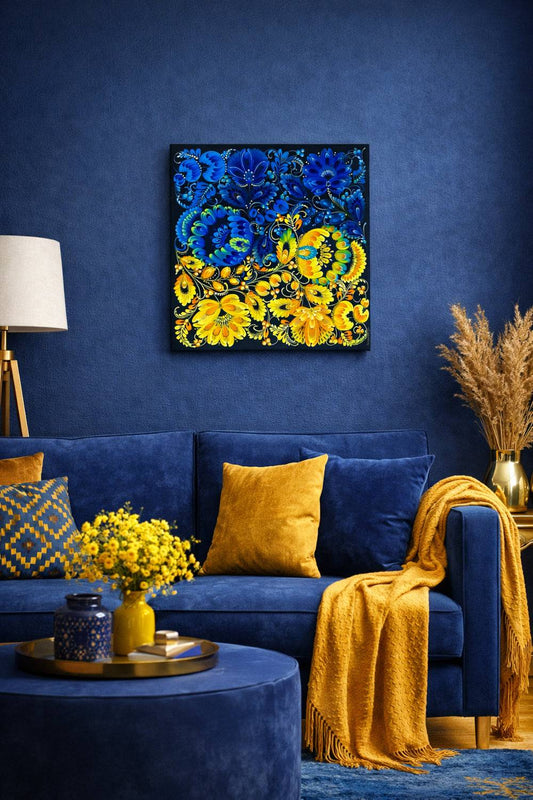 Ukrainian blue and yellow painted canvas with traditional patterns by Anastasia Leonova, 40x40 cm, titled Map of drones