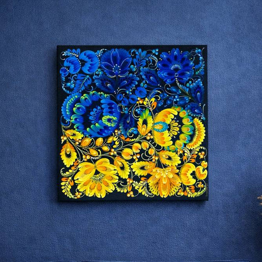 Ukrainian blue and yellow canvas painting with traditional patterns by Anastasia Leonova, 40x40 cm