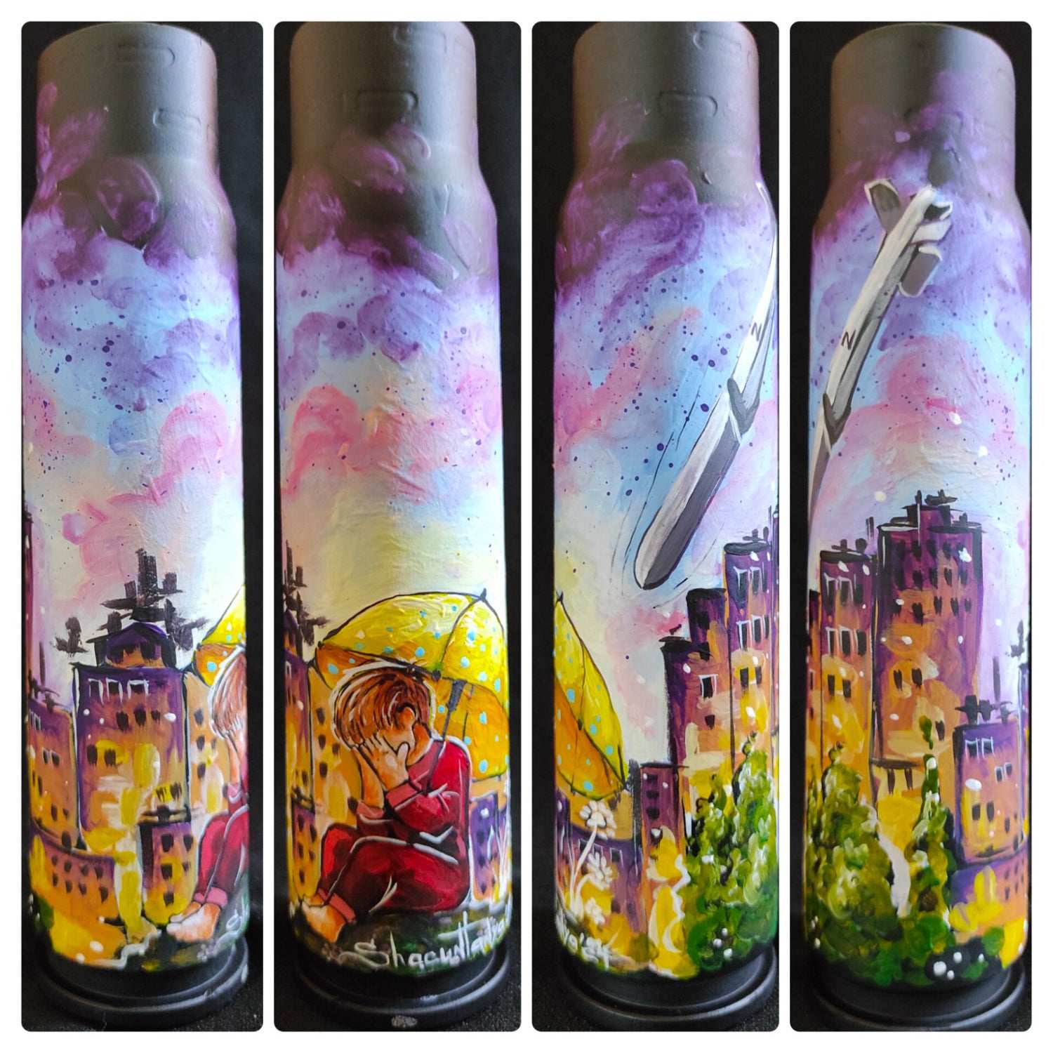 Ukrainian child hiding from Russian bombing painted on 30mm shell by Tanya Shacun