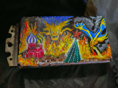 Ukrainian Dragon artwork burning down the Kremlin on a tank turret piece from famous Ukrainian tank