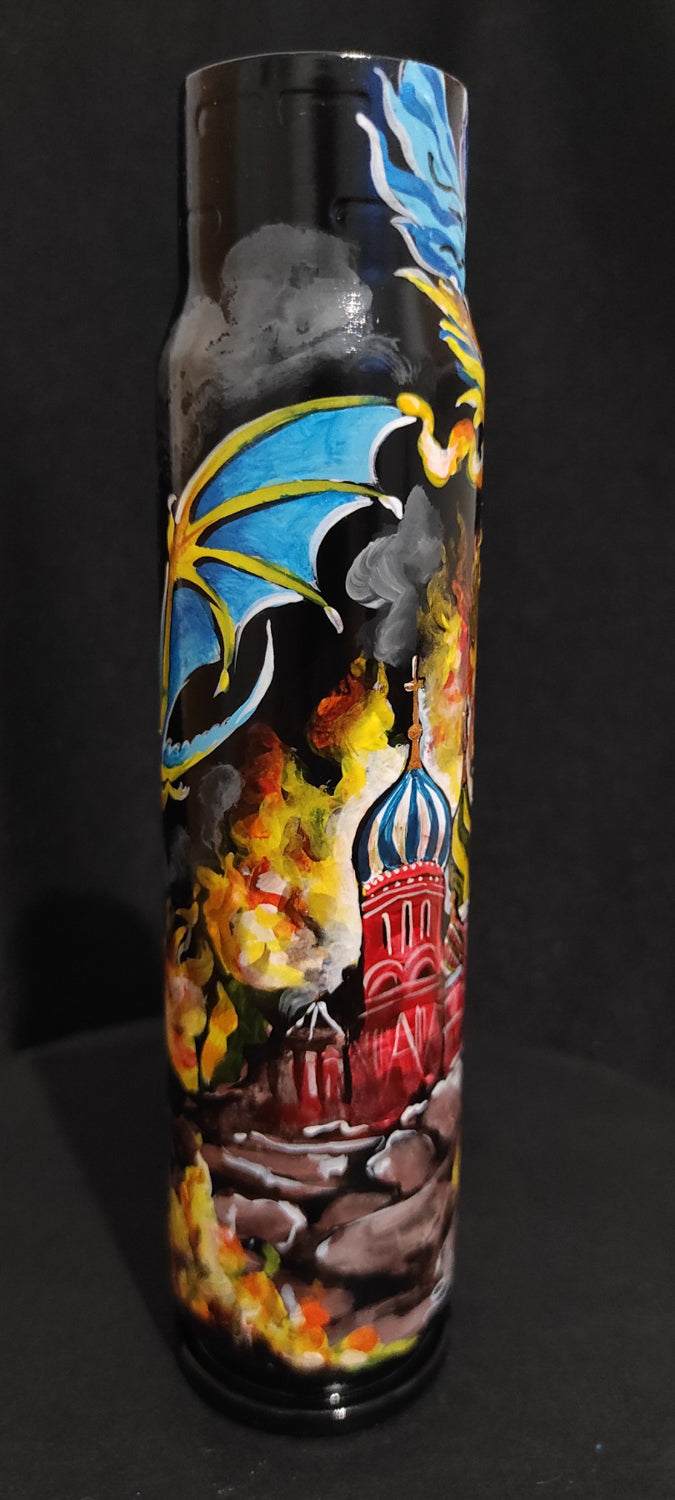Ukrainian Dragon burning the Kremlin painted on 30mm shell by artist Tetana
