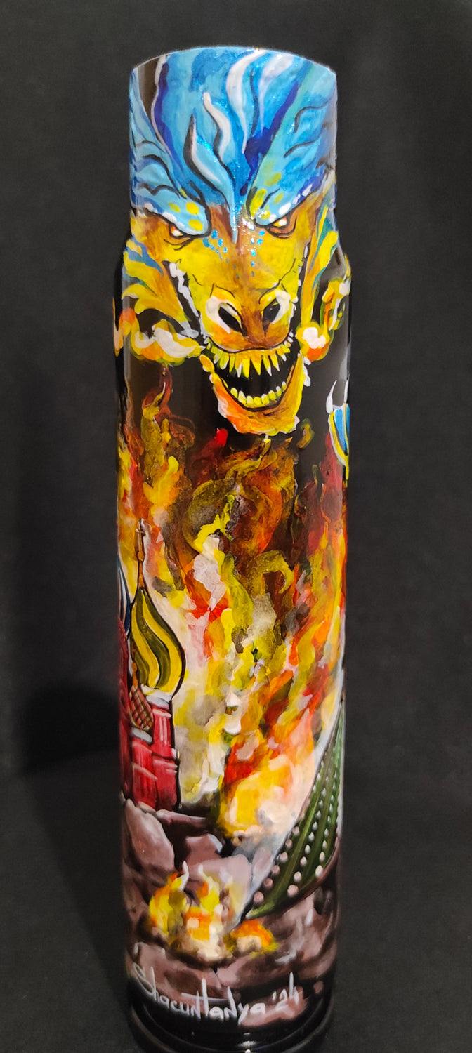 Ukrainian Dragon artwork on 30mm shell burning down the Kremlin