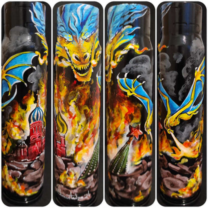 Ukrainian Dragon artwork burning down the Kremlin on 30mm shell by Tetana